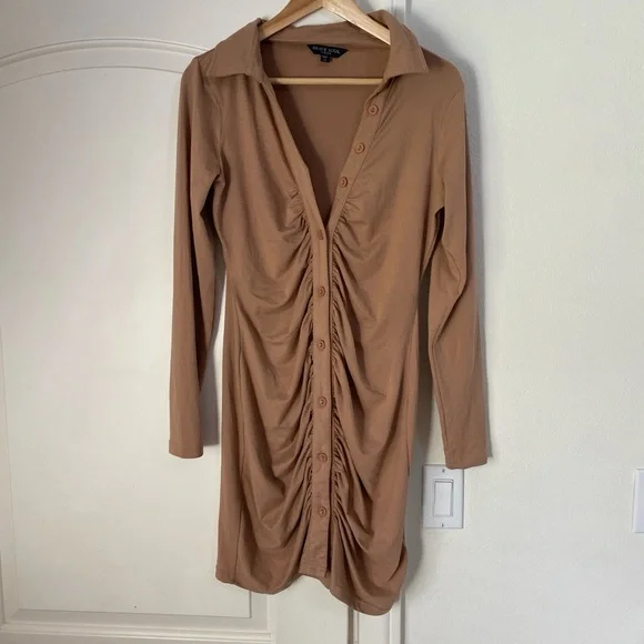 nasty gal brown dress Nasty Gal Brown Satin Asymmetric Tie Long Sleeve Maxi Dress UK 8